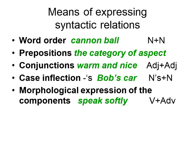 Means of expressing  syntactic relations Word order  cannon ball   